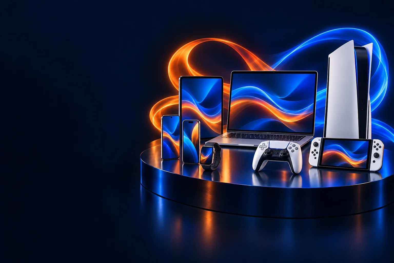 PlayStation 5 con mando, Nintendo Switch OLED, iPad, portátil, móviles y reloj entre halos naranja y azul