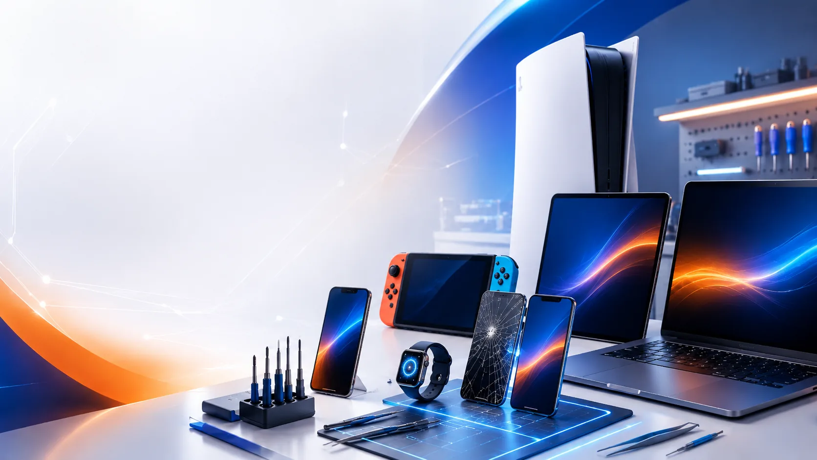 Consola, móviles, smartwatch y portátil en banco de reparación de Manzana Rota