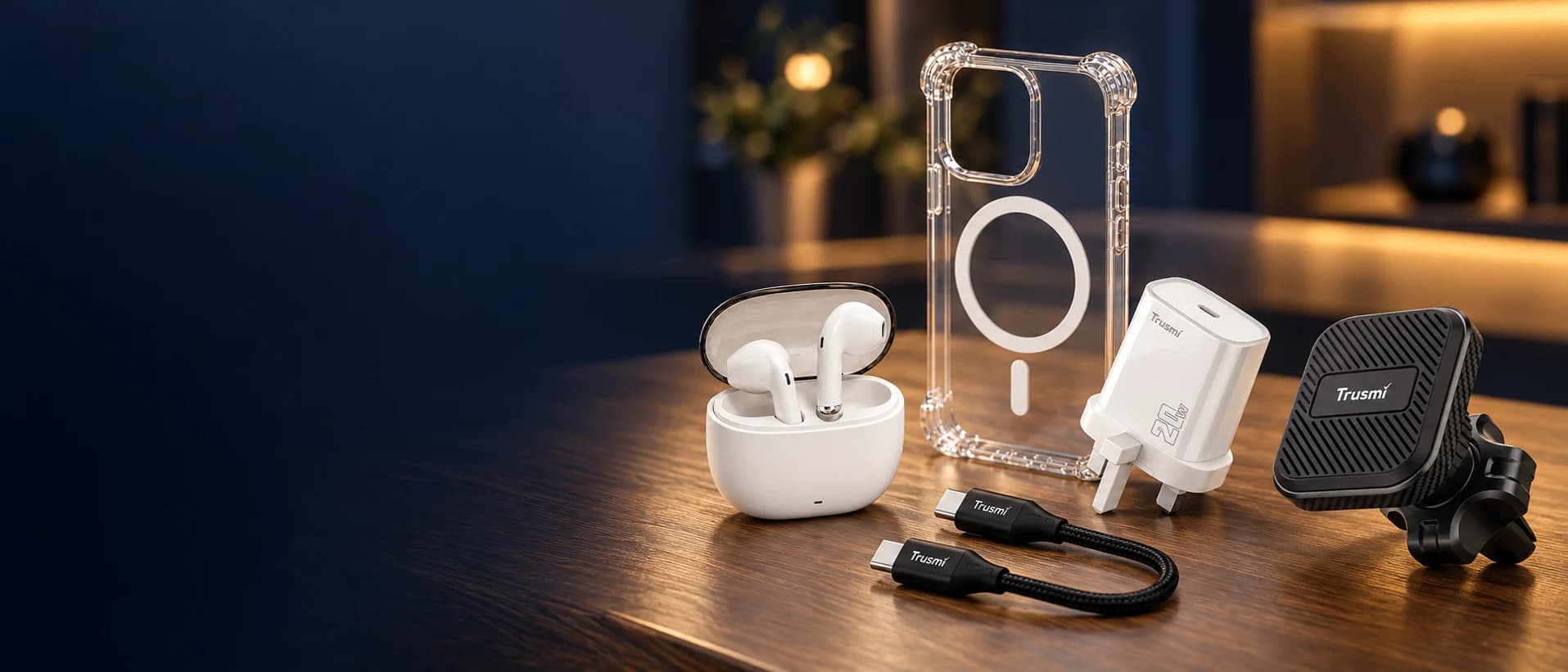Funda magnética, cargador, cable, soporte de coche y auriculares del catálogo de Manzana Rota
