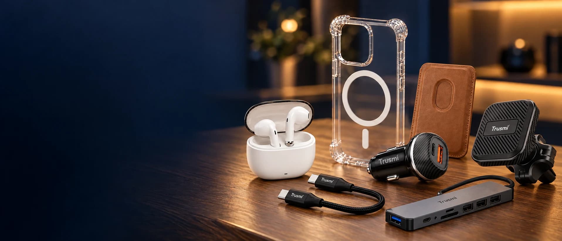 Accesorios del catálogo de Manzana Rota: funda, auriculares, cable, cargador de coche, soporte, tarjetero y hub USB