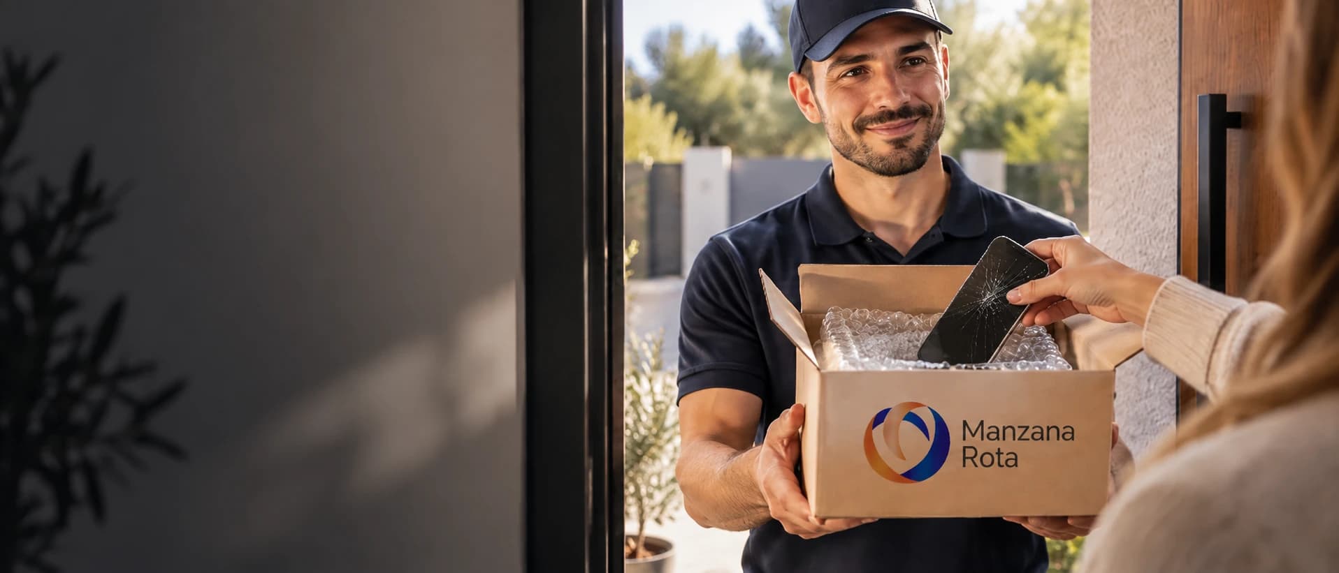 Mensajero de Manzana Rota con una caja protegida para recoger un móvil a domicilio